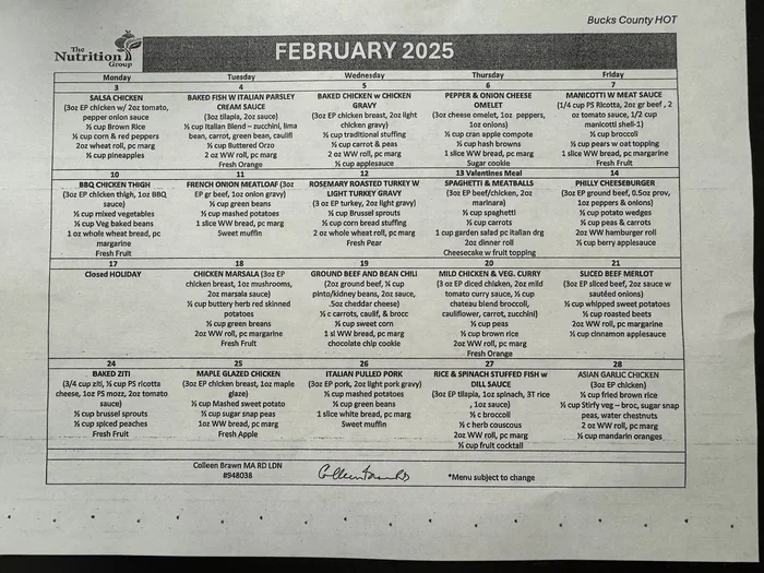 Senior Center Lunch Monthly Menu